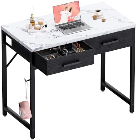 Pamray 32 Inch Small Computer Desk with 2 Drawers for Bedroom Study Writing Home Office Table for Small Spaces Marble