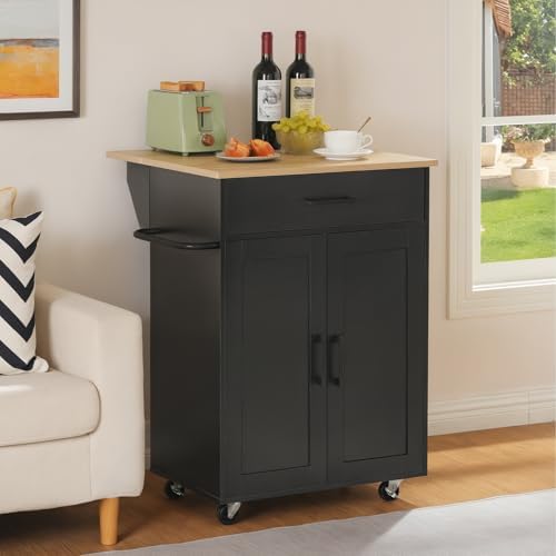 MAHANCRIS Kitchen Island on Wheels with Drop Leaf, Folding Countertop Kitchen Island Cart, Kitchen Islands Table with Towel Rack, Drawer, for Kitchen, Dining Room, Black and Natural KINB12501