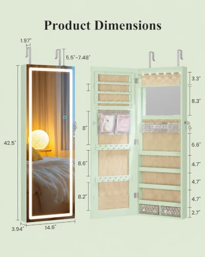 LVSOMT 42.5" Wall Mounted Jewelry Organzier with LED Mirror, Green | Lockable Jewelry Cabinet for 30 Ring Slots, 96 Earring and 20 Necklace Hooks, Gift for Women, Girls