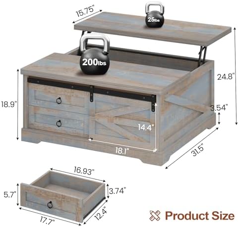 Itaar 39.4'' Lift Top Coffee Table with Storage, Farmhouse Coffee Tables for Living Room, Square Coffee Table with Large Hodden Compartment & 2 Drawrs & Adjustables Shelves (Blue)