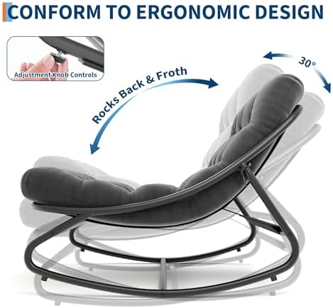 IDEALHOUSE Outdoor Rocking Chair with Metal Frame, Adjustable Papasan Rocker, Waterproof Comfy Cushion, 450lbs Capacity, for Patio, Porch, Garden, Living Room, Dark Grey