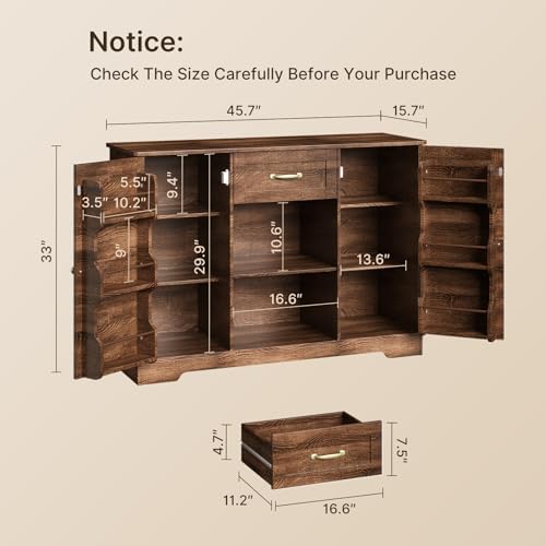 Gizoon 45" Kitchen Sideboard Buffet Cabinet with Storage, Dark Brown