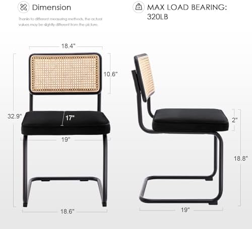 Zesthouse Natural Rattan Dining Chairs Set of 4, Modern Dining Room Chairs with Solid Wood Back for Kitchen Living Room, Mid Century Breuer Design Inspired, Upholstered Velvet Fabric, Black
