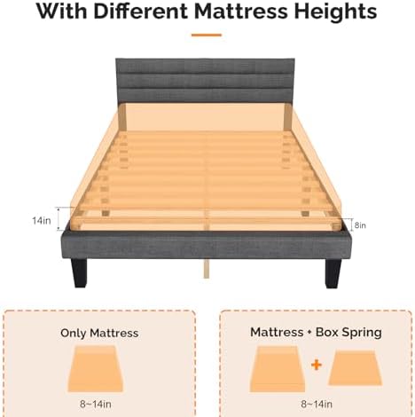 VINGLI Platform Bed Frame Queen Size with Linen Fabric Headboard,Modern Panel Low Profile Bed with Upholstered & Sturdy Slats Support for Bedroom, Mattress Foundation, Dark Gray