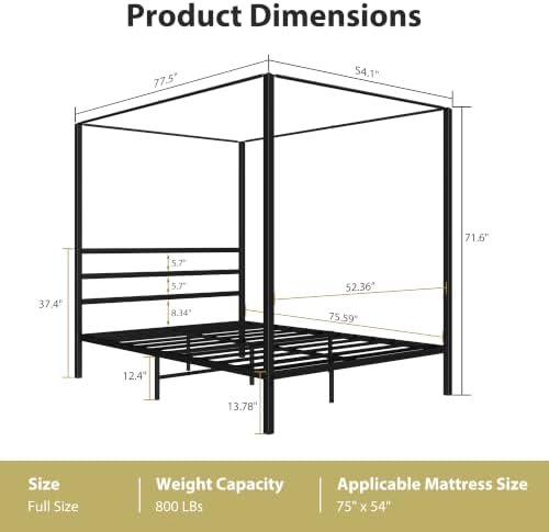 SUPER DEAL Full Size Metal Canopy Bed Frame, Built-in Headboard Sturdy Slatted Structure Four Poster Platform Mattress Foundation, No Box Spring Needed Easy Assembly, Black