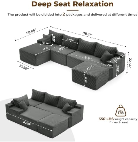 Mangodan Cloud Sectional Couch, Boneless Couches for Living Room, Grey