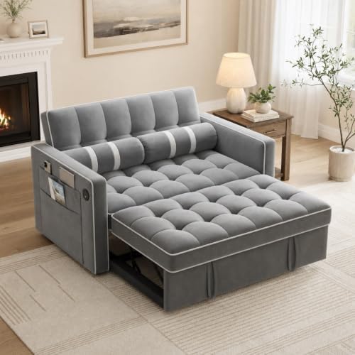 Marsail Convertible Futon Sleeper Sofa Bed, Pull Out Couch Loveseat, Gray