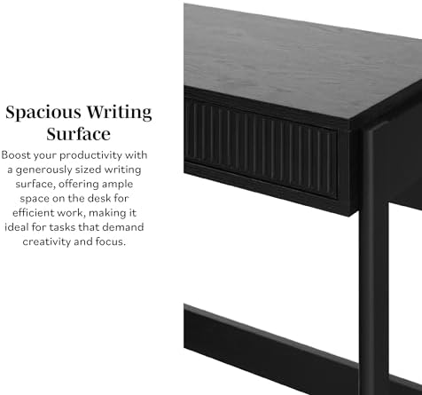Walker Edison Transitional Office Design, Reeded Drawer Front Detail, Writing Desk with Drawer, Spacious Desktop, Complementary in Living Spaces, 38 Inch, Black