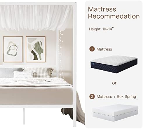 ikalido Queen Size Metal Canopy Bed Frame, Heavy-Duty Support, White