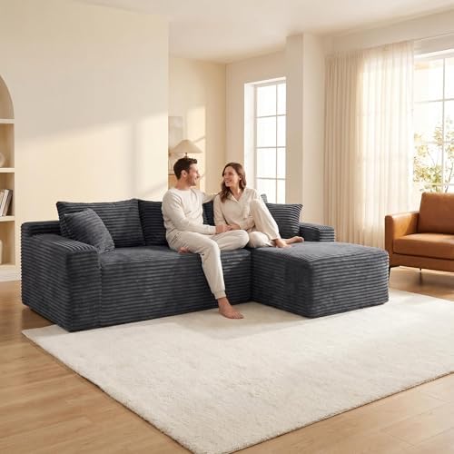 95" L-Shaped Cloud Sectional Couch, Right Facing Modular Compressed Boneless Sectional Sofa with Chaise Lounge, Plush Corduroy Boneless Corner Sofa for Living Room