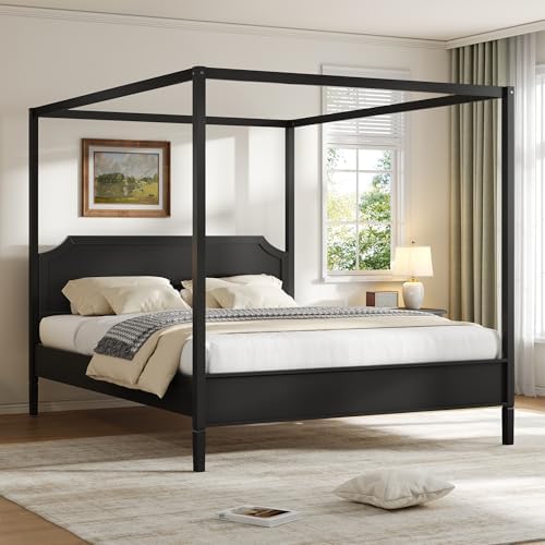 LUMISOL Queen Size Wood Canopy Platform Bed with Headboard, Vintage Four-Poster Platform Beds with Slat Support and Under-Bed Storage Space, 4 Corner Canopy Bed Post Frame, Black