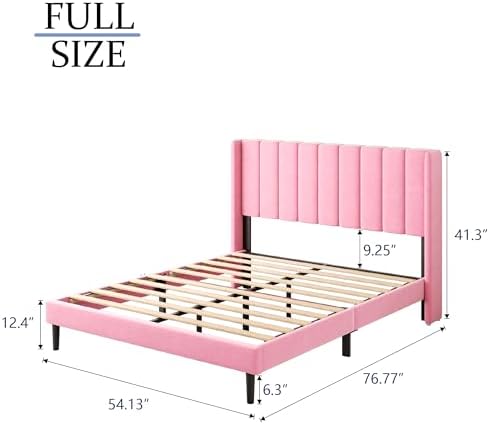Gruwans Full Size Bed Frame with Upholstered Wingback Headboard, Easy Assemnly Platform Bed, Wooden Slat Support No Box Spring Needed, Pink