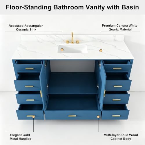 Montary 60" Bathroom Vanity with Sink & 61" Carrara Quartz Top | with 3 Pre-Drilled Faucet Holes, Solid Wood Cabinet, Soft-Close Double Doors & 9 Smooth-Glide Drawers,Blue