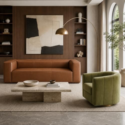 2-Piece Living Room Set, Faux Leather Sofa + Swivel Chair