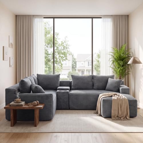 106-Inch Oversized L-Shaped Corner Cloud Couch Modular Cloud Sectional Couch W/Console & Ottoman, Compression Boneless Corner Sofa Plush Corduroy Sectional Sofa for Living Room