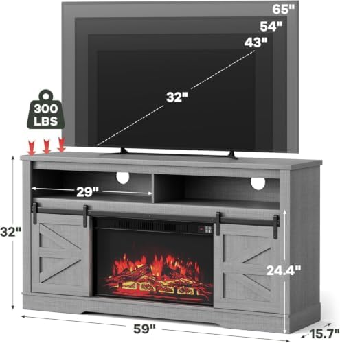 YESHOMY Farmhouse Fireplace TV Stand for TVs up to 65 Inch,Gray Rustic