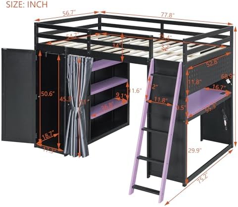Merax Full Size Loft Bed with Desk and 6 Storage Shelves, Wardrobe, Blackout Curtain, Solid Wood Gaming Loft Bed Frame with USB Port & RGB Lights, No Box Spring Needed, Space-Saving, Black+Purple