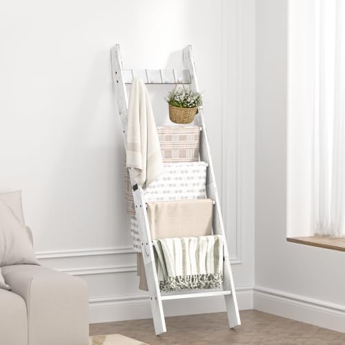 Blanket Ladders for the Living Room with 4 Hooks, 6-Tier Blanket Holder