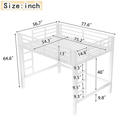 Bellemave Full Size Metal Loft Bed Frame with 2 Ladders, High Guardrail & Sturdy Iron Construction, Space-Saving Adult Loft Bed for Dorms, Safe for Kids, Teens, No Box Spring Needed, White
