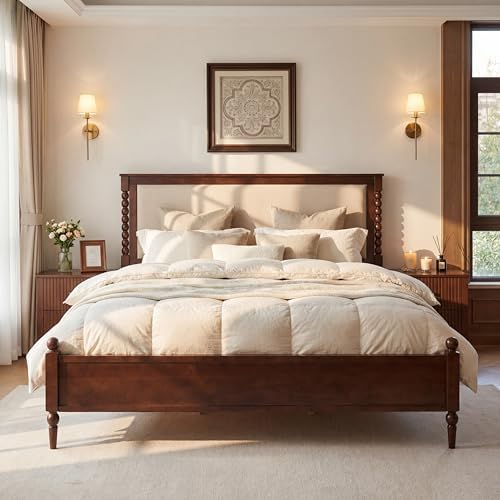 Merax King Size Solid Wood Platform Bed Frame, Upholstered Headboard & Classic Spindle & with Fabric Panel, No Box Spring Needed, 500 lbs Capacity Timeless Traditional for Bedroom, Brown
