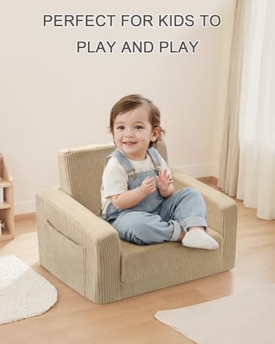 2-in-1 Kids Chair and Couch, Cozy Corduroy Kids Sofa, Beige
