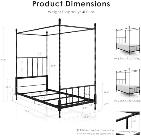 Furniture of America Vaeli Modern Metal Twin Size Four Poster Bed Frame with Spindles, Canopy Bedframe for Bedroom, Guest Room, Box Spring Required, Black