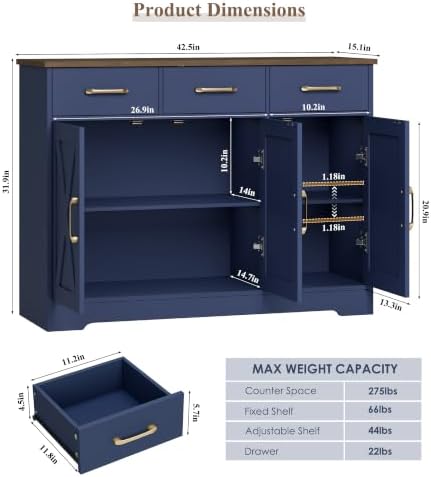 HOSTACK Kitchen Buffet Cabinet with Storage, Sideboard Coffee Bar, Blue