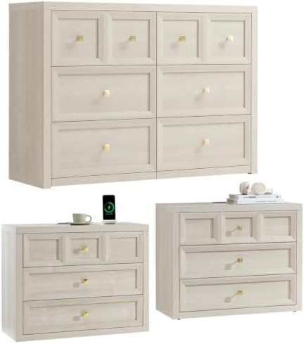3 Piece Dresser Bedroom Set - 6 Drawer Dresser and 3 Drawer Oversized Nightstands Set of 2 with Charging Station, Farmhouse Dresser Sets for Bedroom,Grey White
