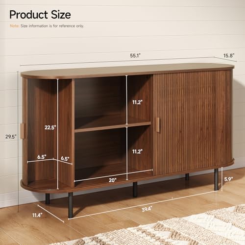 ONBRILL 55" Sideboard Buffet Cabinet, Sliding Door/Adjustable Shelf, Walnut