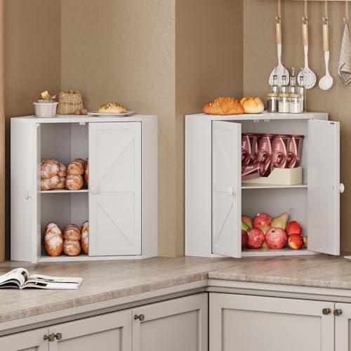 Trironsun Corner Bread Box for Kitchen Counter Double Layer Bamboo Bread Storage Container Large Capacity Bread Storage Bin Farmhouse Breadbox Organizer (White)