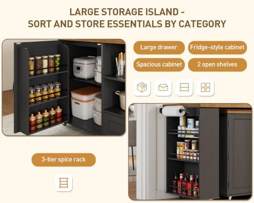 RALGEND Rolling Kitchen Island with 360° Swivel Tabletop, Large Kitchen Island Table with Power Outlet, Mobile Kitchen Island Cart with Storage Cabinets for Kitchen & Office, Black and Rustic Brown