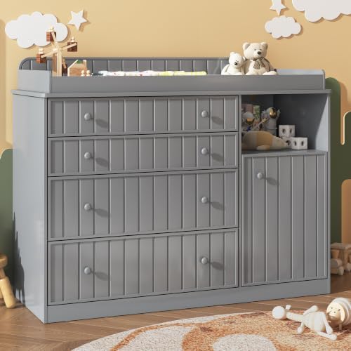 Grey Changing Table Dresser with 4 Drawers, Baby Nursery Diaper Table