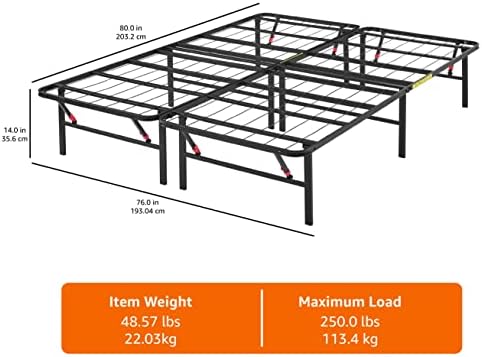 Amazon Basics Bed Frame with Storage, Foldable Metal Platform, Sturdy Steel, No Box Spring Needed, 14 inches High, Tool-Free Easy Assembly, Noise-Free, King Size, Black