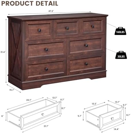 Farmhouse 7 Drawers Dresser for Bedroom with Charging Station,Wood Dressers