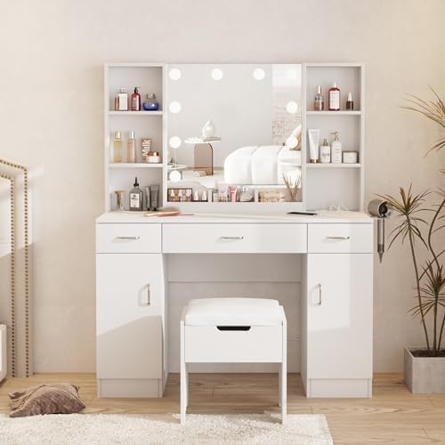 Halitaa Makeup Vanity Table with Lighted Mirror & Power Outlets, Large Vanity Set Vanity Desk with Storage Stool, 3 Lighting Modes, Brightness Adjustable, 45inch, White