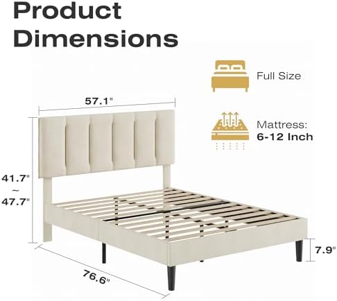 VECELO Full Size Bed Frame with Upholstered Headboard, Pale Beige