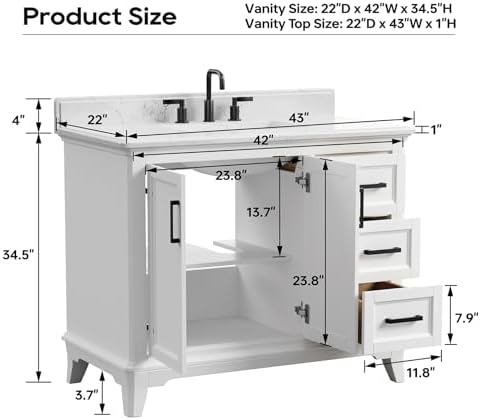 42 Inch Bathroom Vanity with Sink, Pre Assembled, White | Farmhouse Bathroom Vanity Set with Quartz Countertop, Bathroom Storage Cabinet with Soft Close Doors & Dovetail Pine Drawers