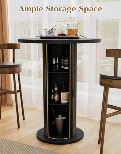 Bar Table with Storage and Sliding Door, 39.4” H 31.5” W Small Round Kitchen Table, Home Bar High Top Cocktail Table for Kitchen, Coffee Bar, Living Room, Black