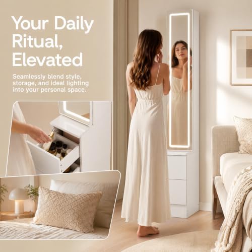 LED Full Length Mirror Jewelry Cabinet with Storage, 3 Color Adjustable Lighting Dressing Mirror Armoire, Large Standing Vanity Mirror Organizer Cabinet for Makeup & Jewelry Storage (White)