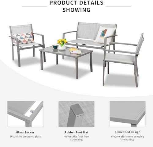 Shintenchi 4 Pieces Patio Furniture Set All Weather Textile Fabric Outdoor Conversation Set, with Glass Coffee Table, Loveseat, 2 Single Chairs for Home, Garden, Lawn, Porch（Silver）