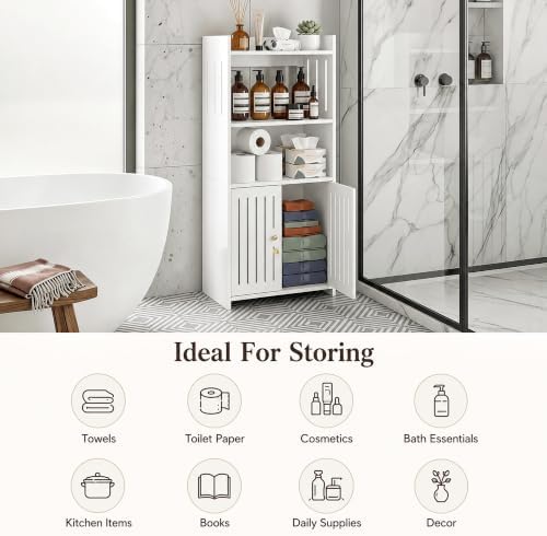 HAYOFAMY 4-Tier Bathroom Storage Cabinet 8.7" D x 14.2" W x 29.5" H | White Floor Cabinet, Freestanding Organizer with Door, for Living Room Kitchen Small Space, PVC Material