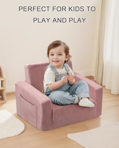 2-in-1 Kids Chair and Couch, Cozy Corduroy Kids Sofa, Pink