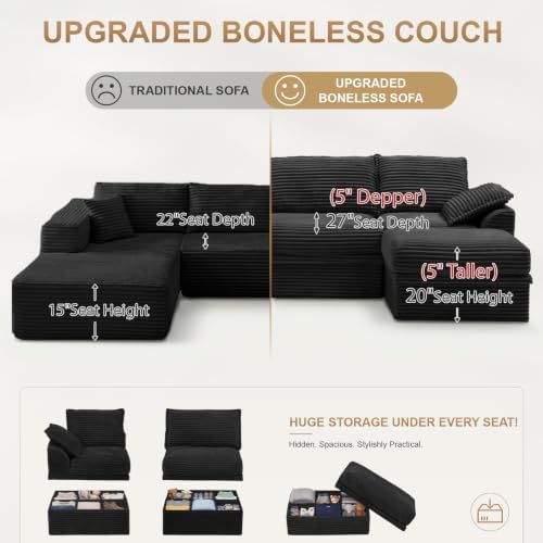 Upgraded Boneless Couch with Storage, Sectional Couches for Living Room, L-Shaped Modular Cloud Corduroy Sofa with Ottoman & Pillows, Oversized Deep Seat Memory Foam Couch, No Assembly(Black, 107" L)