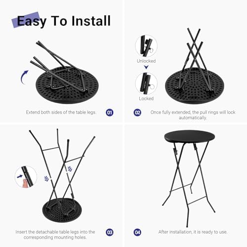 Byliable 24in Round Folding Cocktail Table, Plastic Bar Height Table, Black