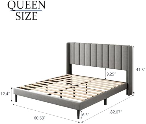 Gruwans Queen Size Bed Frame with Upholstered Wingback Headboard, Easy Assemnly Platform Bed, Wooden Slat Support No Box Spring Needed, Light Gray