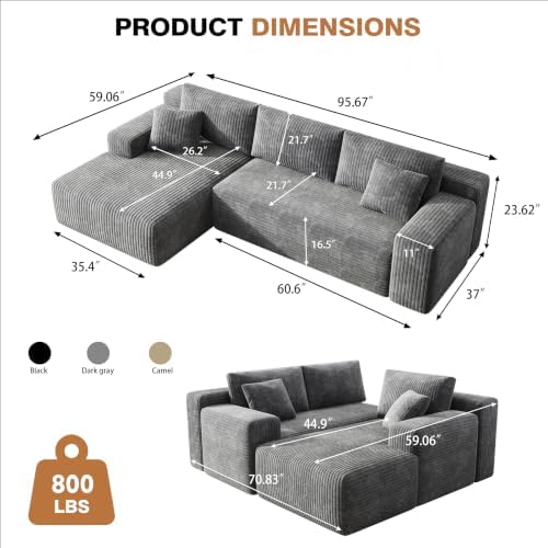 96" L-Cloud Sectional Boneless Couches for Living Room, Corduroy Fabric Modular Sectional Sofa with Chaise, Cloud-Couch Deep Seat Sofa, No Assembly Required, Gray