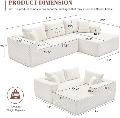 Mangodan 110” Boneless Couch, Cloud Sectional Sofa for Living Room, Beige