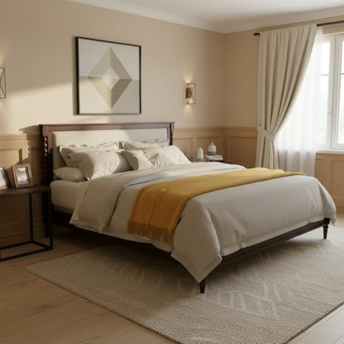 Merax King Size Solid Wood Platform Bed Frame, Upholstered Headboard & Classic Spindle & with Fabric Panel, No Box Spring Needed, 500 lbs Capacity Timeless Traditional for Bedroom, Brown