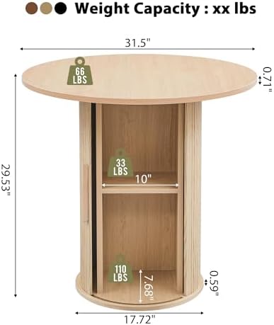 31.5" Round Dining Table for 2-4, Modern Farmhouse Kitchen Table with 2-Tier Storage Shelf, Small Wooden Circle Dining Tables with Fluted Base for Home Dining Room Living Room (Natural)