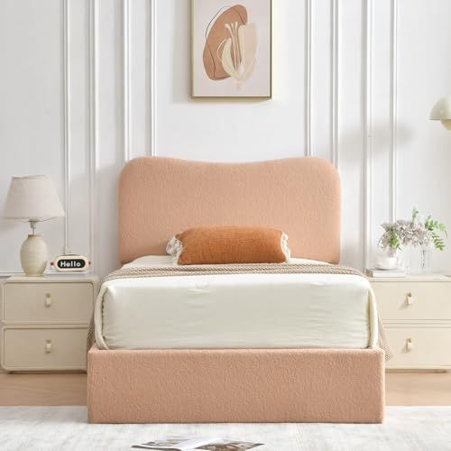 VELOCAVA Twin Size Lift-Up Storage Bed, Modern Upholstered Boucle Bed with Curved Headboard, Gas Lift Platform, Sturdy Wooden Slat Support, No Box Spring Needed, Easy Assembly, Blush Pink-Beige